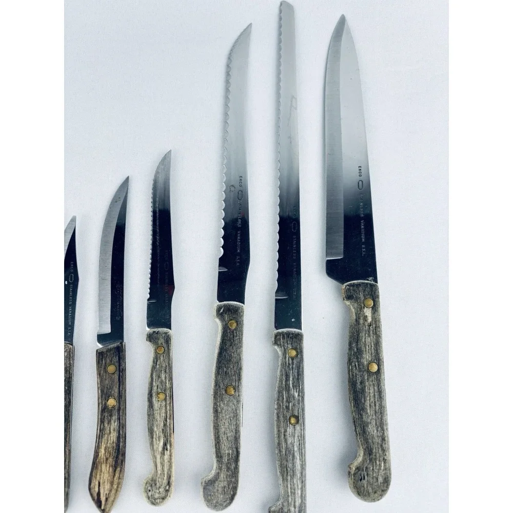 Vintage Ekco Lot Of 6 pc Stainless Vanadium Kitchen Knife‎ Wood Handle USA